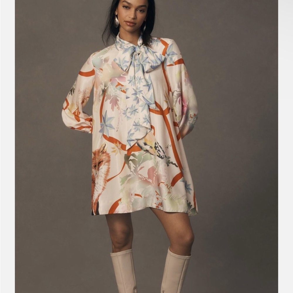 Maeve Anthropologie The Caroline Swing Tie-Neck Fox Bird Mini Dress
